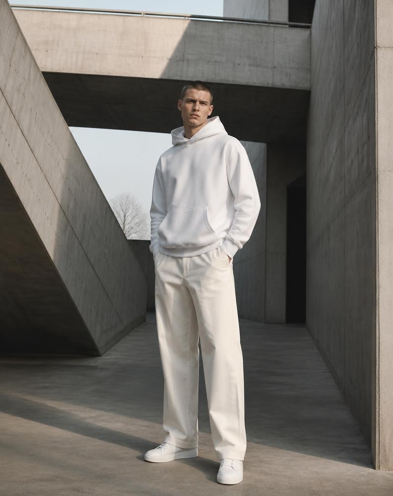 Editorial campaign photograph of a model wearing the same white hoodie